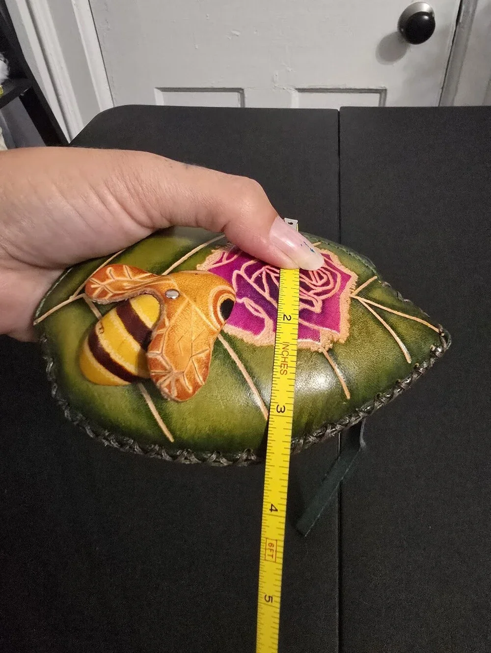 Leather Teardrop Keychain Wallet with Pink Rose and Orange Bee
